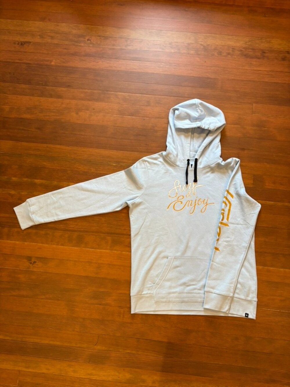 Hurley Surf & Enjoy Graphic Pullover Hoodie Light Blue Gold Spellout Womens XL
